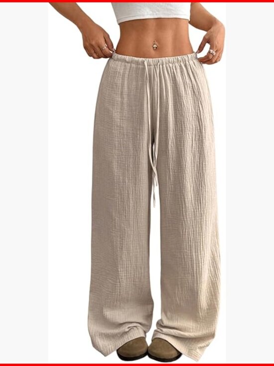 Pants - Wide Leg Palazzo Pants with Drawstring Waist and Pockets